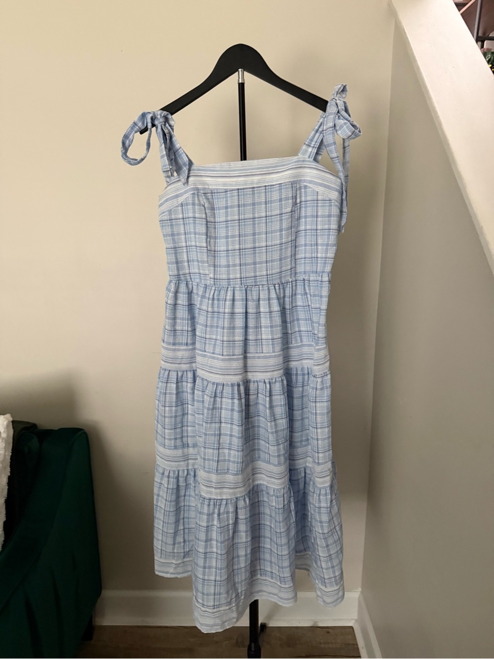 Umber Light Blue Plaid Tie-Shoulder Tiered Midi Dress
